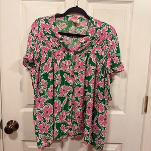 BIBI Womens Floral Button Down Blouse Green Pink Ruffle Short Sleeve Top Large